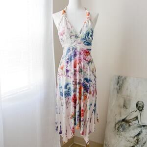 Floral V-Neck Halter Midi Dress - White Multi